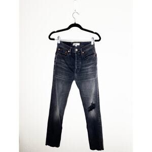 Re/Done Women's High Rise Ankle Crop Lived In Black Jeans Distressed Button Fly